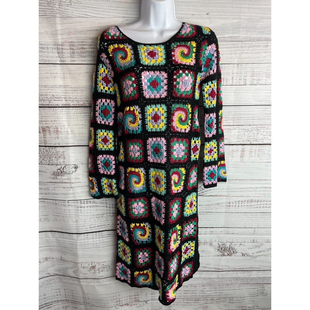 Cotton Emporium Black Patchwork Crochet Short Dress Granny Square Multi Color